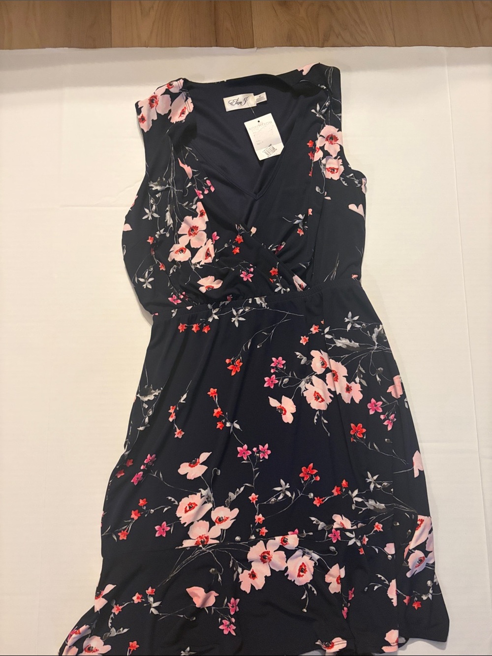 Eliza J Navy Sleeveless Floral Midi Dress with Pink & Red Blooms